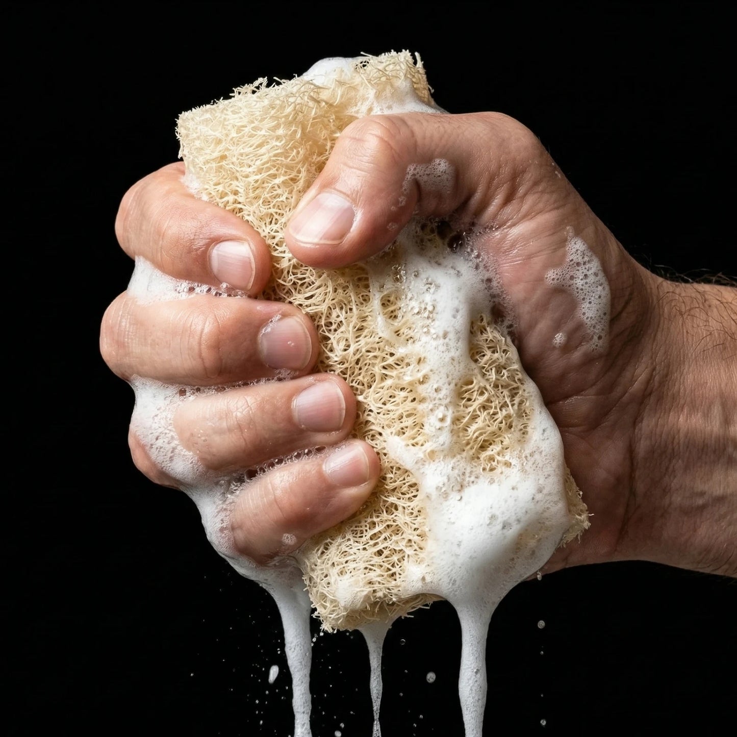 Hand squeezing a soapy natural loofah sponge