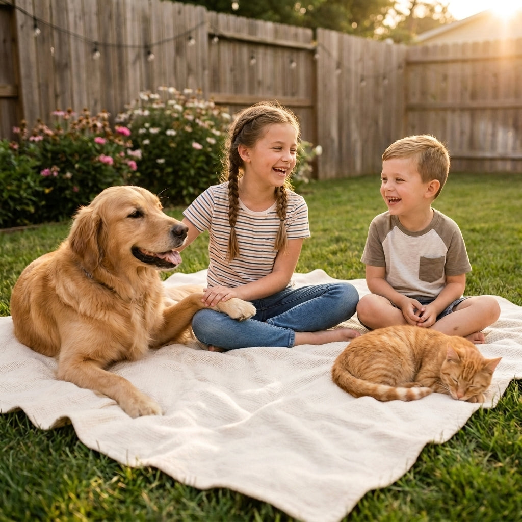 Kids with their dog and cat relaxing on a backyard picnic blanket