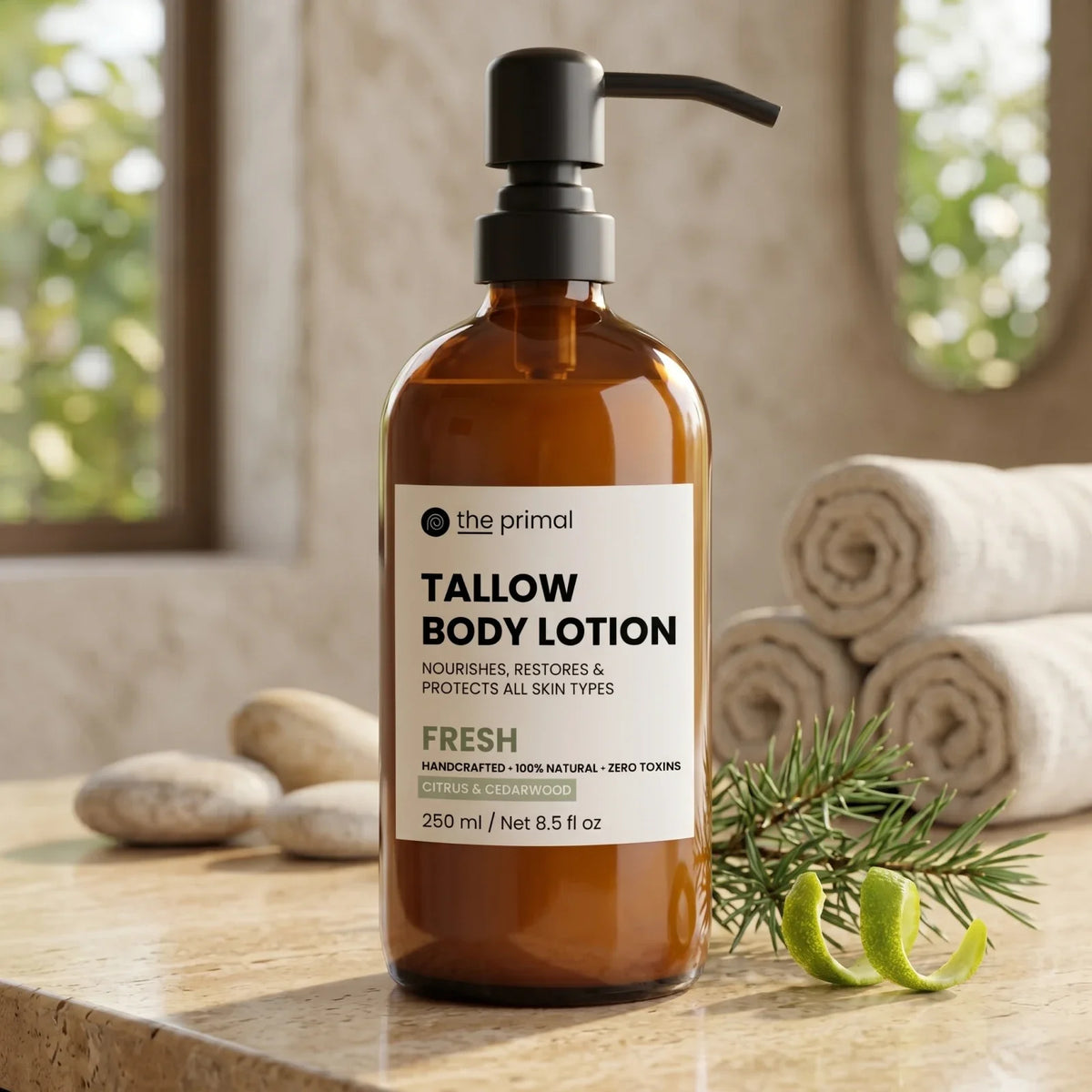 The Primal grass-fed tallow body lotion in a pump bottle