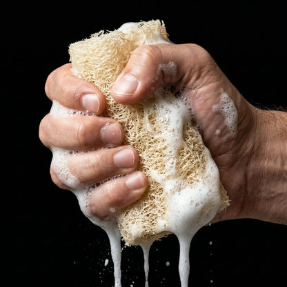 Hand squeezing a soapy natural loofah sponge