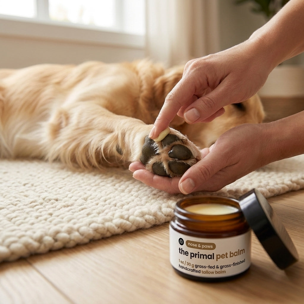 Applying tallow paw balm to a golden retriever's paw pads at home