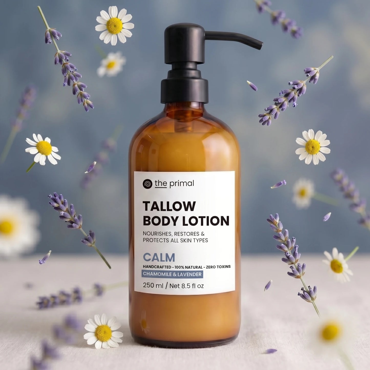 Calm lavender tallow body lotion, modern product photo
