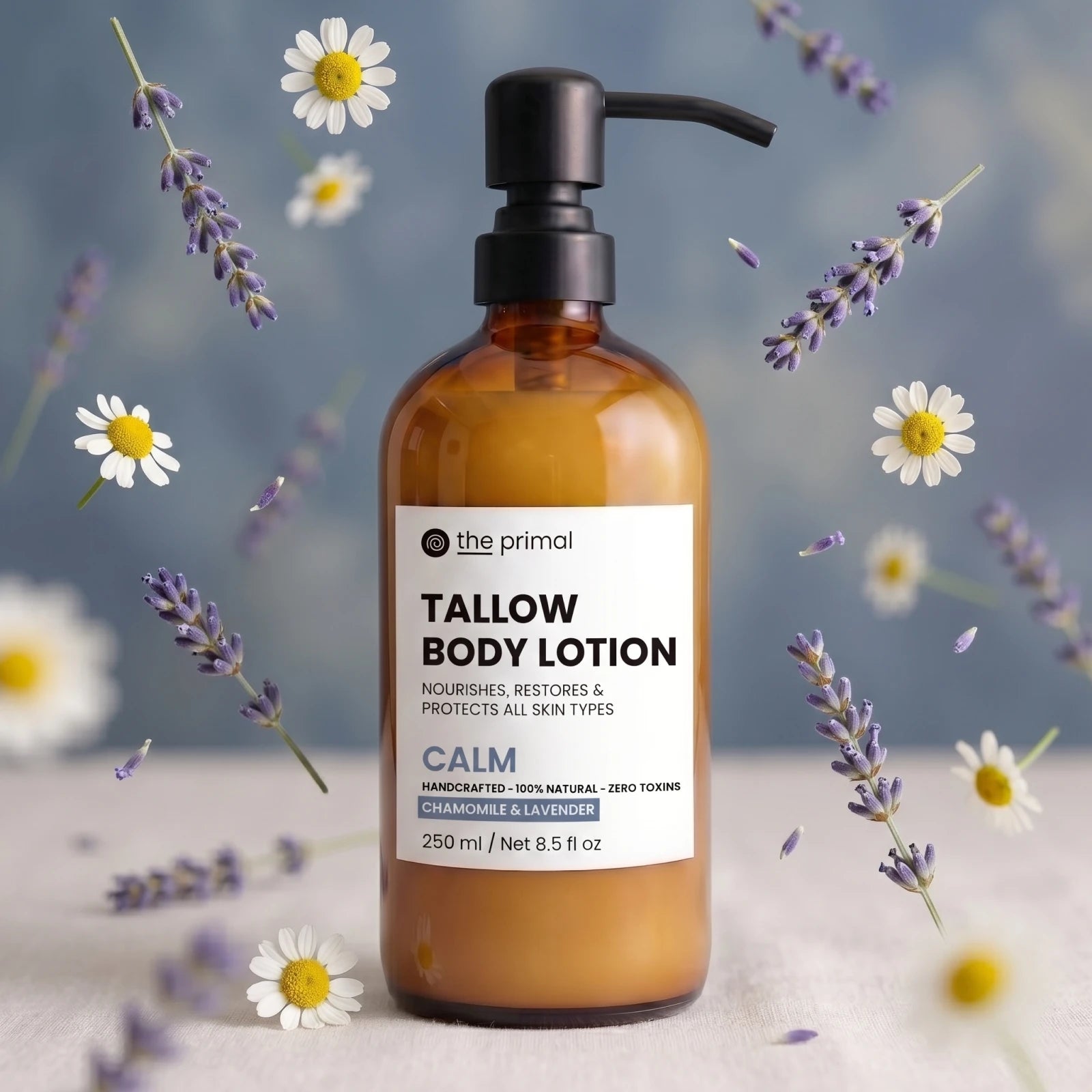 Calm lavender tallow body lotion, modern product photo