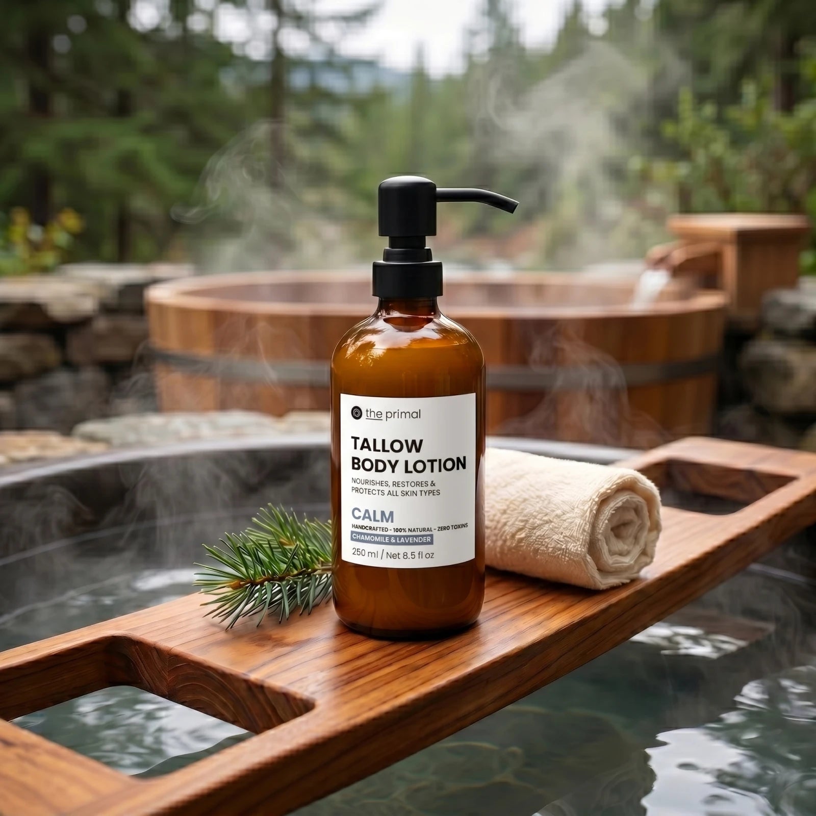 Lavender tallow body lotion in a calming spa setting