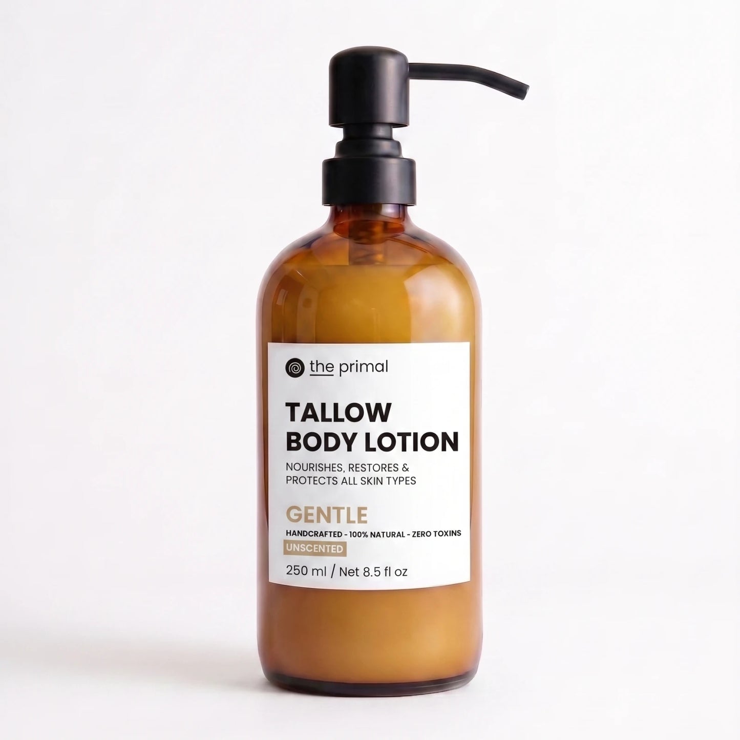 Gentle unscented tallow body lotion in an amber glass pump bottle, front label
