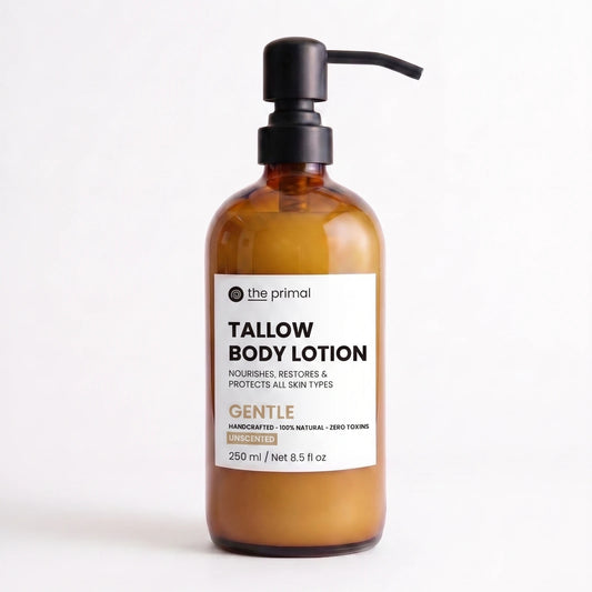 Gentle unscented tallow body lotion in an amber glass pump bottle, front label