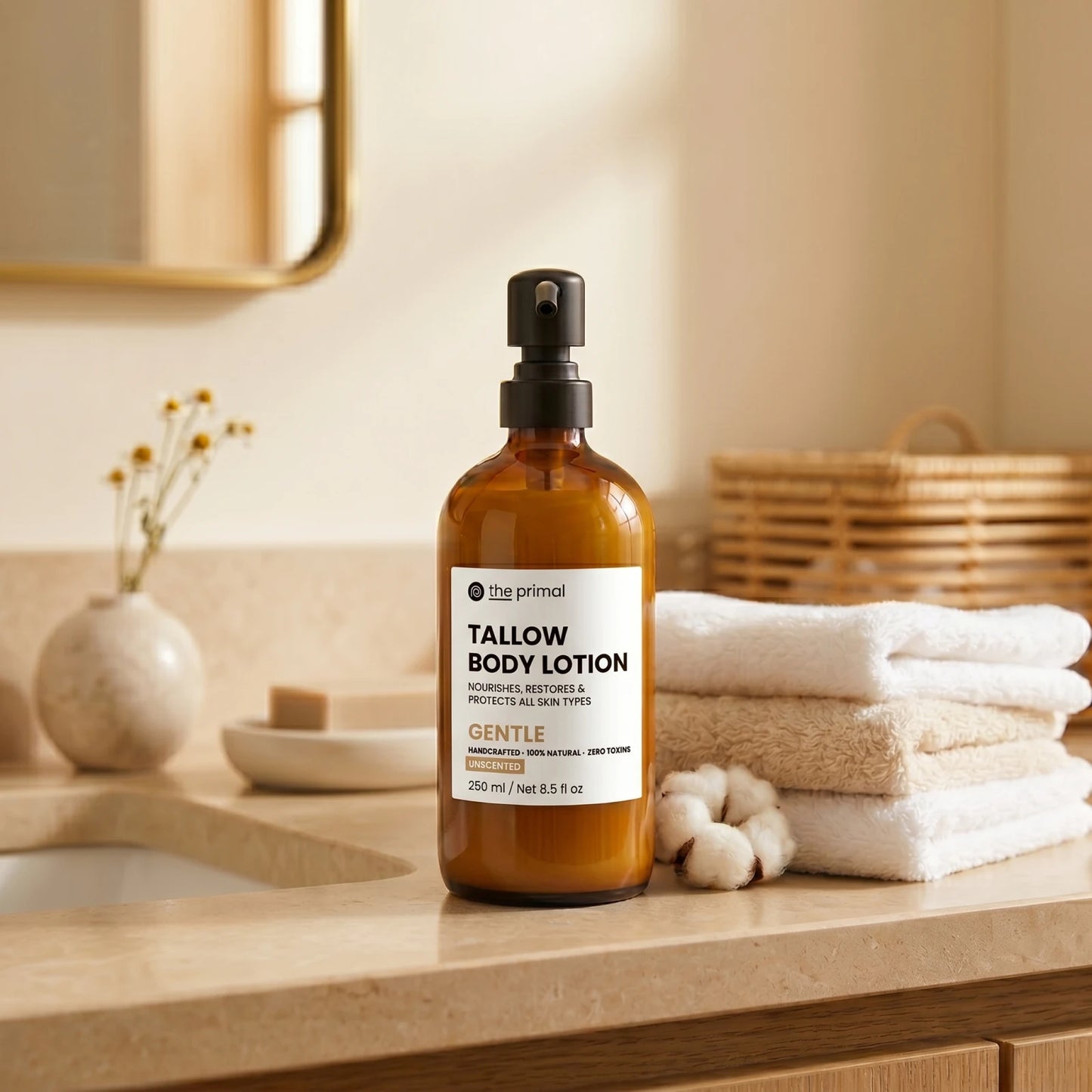 Unscented tallow body lotion on a bathroom counter