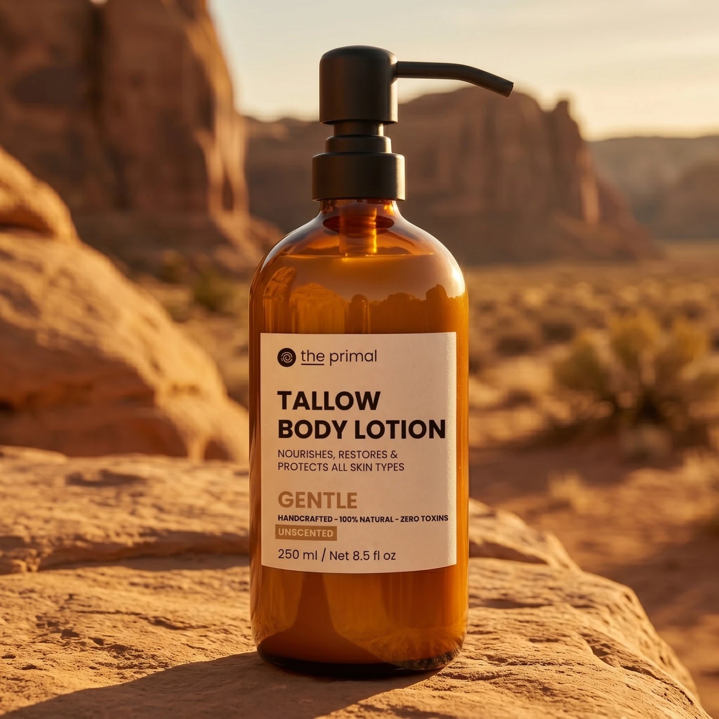 Unscented tallow lotion on a sandstone ledge at golden hour