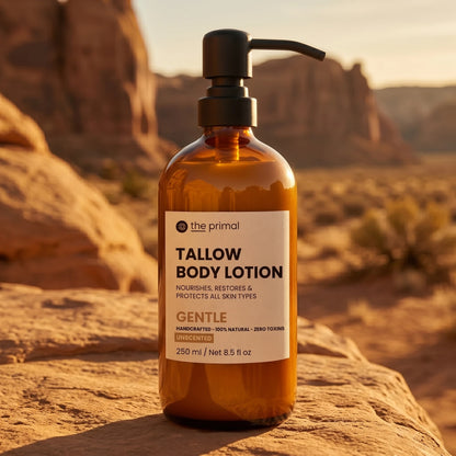 Unscented tallow lotion on a sandstone ledge at golden hour