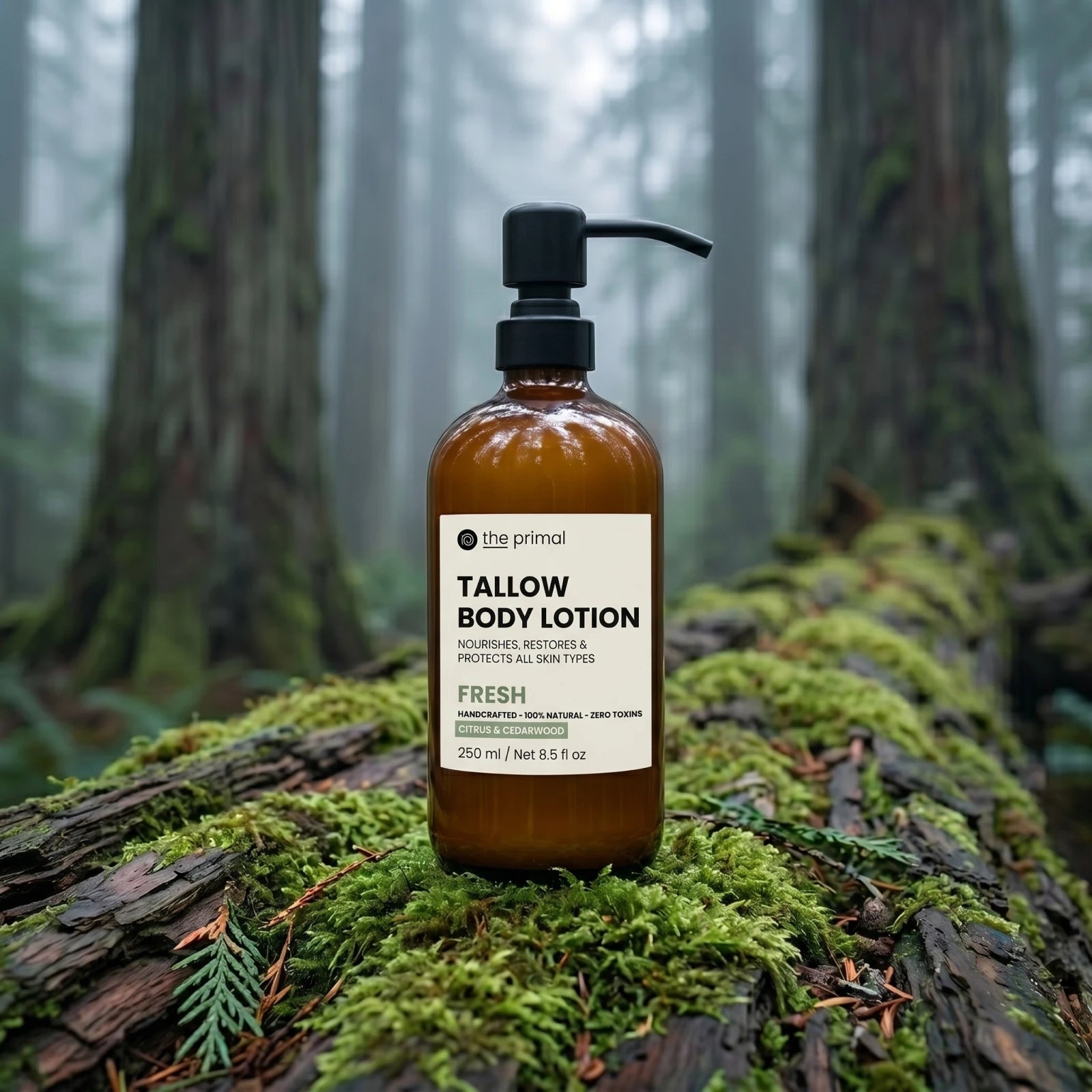 Fresh tallow body lotion in a lush green jungle setting