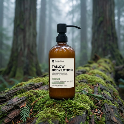 Fresh tallow body lotion in a lush green jungle setting